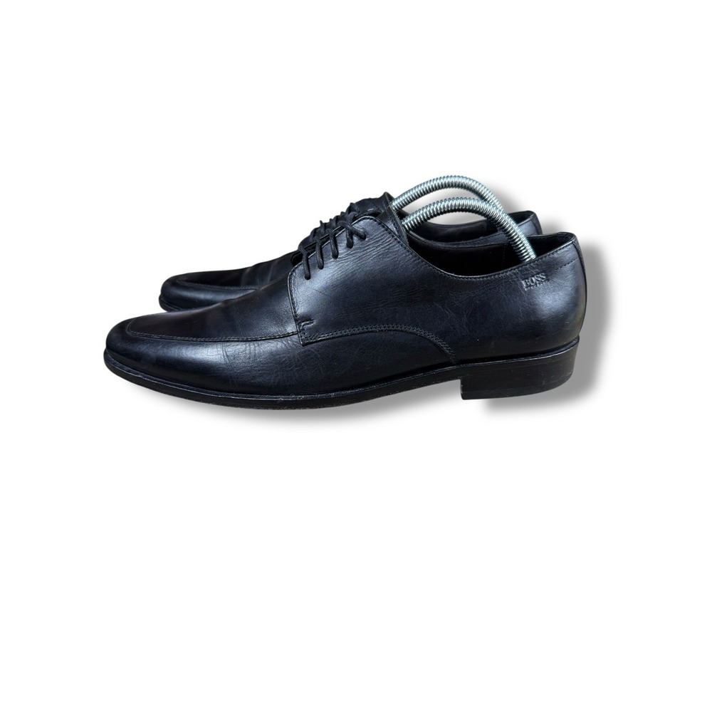Hugo Boss Dress Shoe Size 9 Men's Embossed Logo Black Leather Lace Up Apron Toe - Picture 7 of 14
